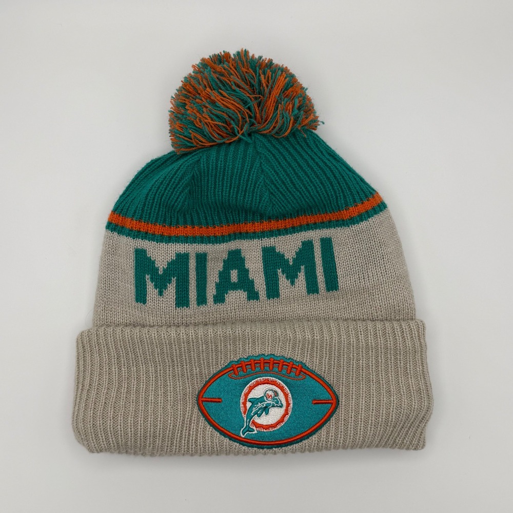 New Era Miami Dolphins NFL Knit Pom Beanie Hat Greyโ Teal Orange Fleece Lined OS